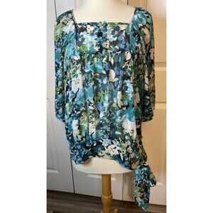 A.N.A. Sheer Floral Blue Green White Blouse Top Size‎ Medium